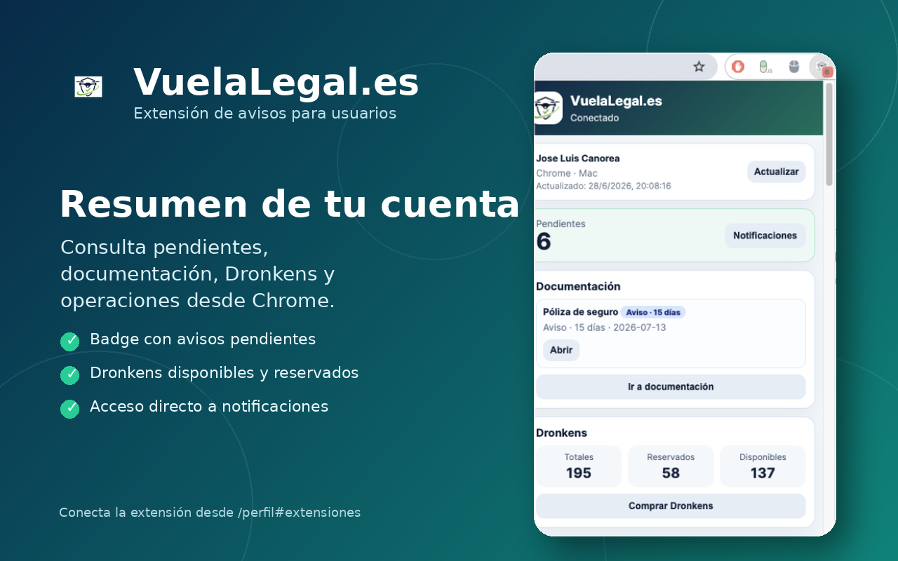 Extensión de Chrome de VuelaLegal para seguimiento de avisos y operaciones de drones