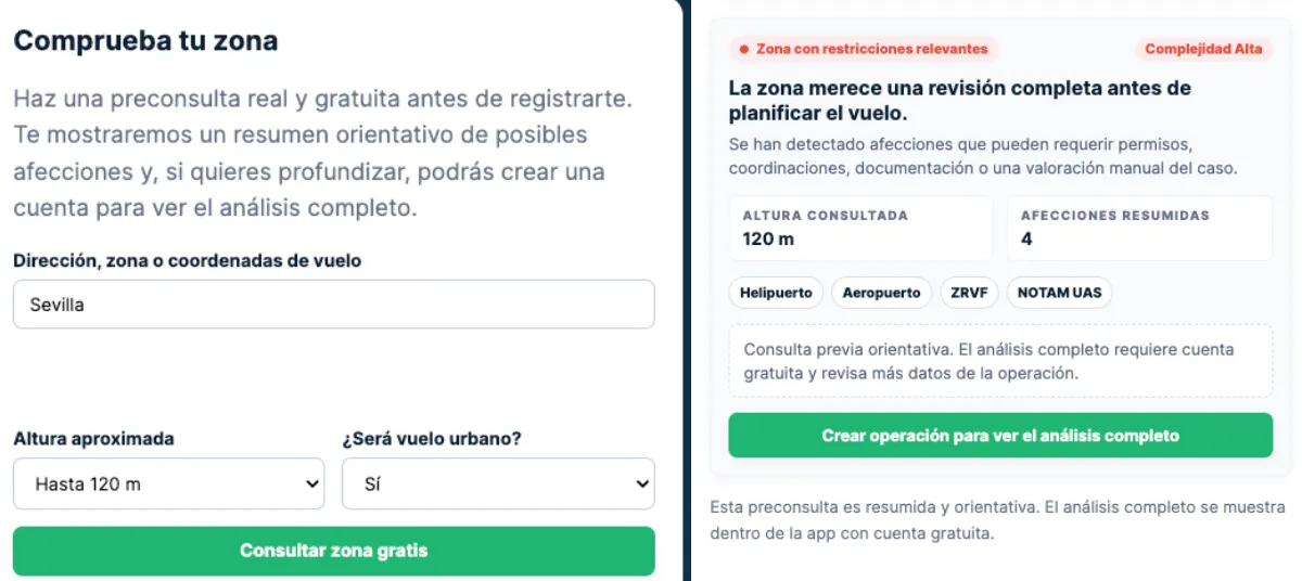 Preconsulta pública de VuelaLegal para comprobar una zona de vuelo con dron antes de registrarse