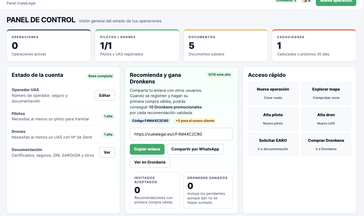 Plataforma VuelaLegal para consultar zonas de vuelo y tramitar permisos de dron en España